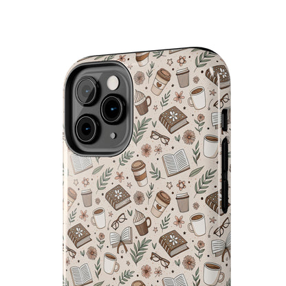 Cozy Books & Brews Tough Phone Cases - Literary Gift, Cute Coffee Pattern, Book Lover Accessory, Unique Phone Cover, Gift for Readers