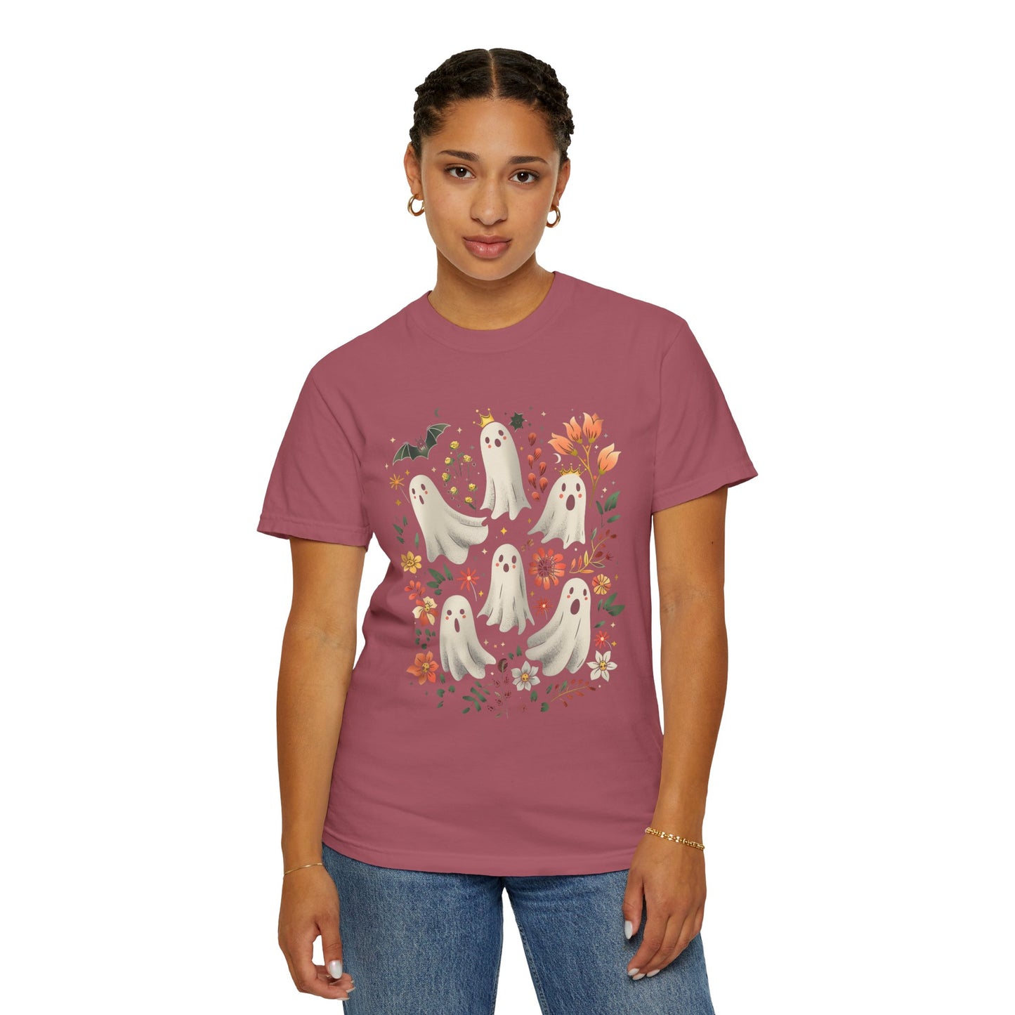 Whimsical Ghost T-Shirt | Halloween Apparel, Unisex Tee, Cute Ghost Design, Floral Graphic Tee, Casual Wear, Spooky Season