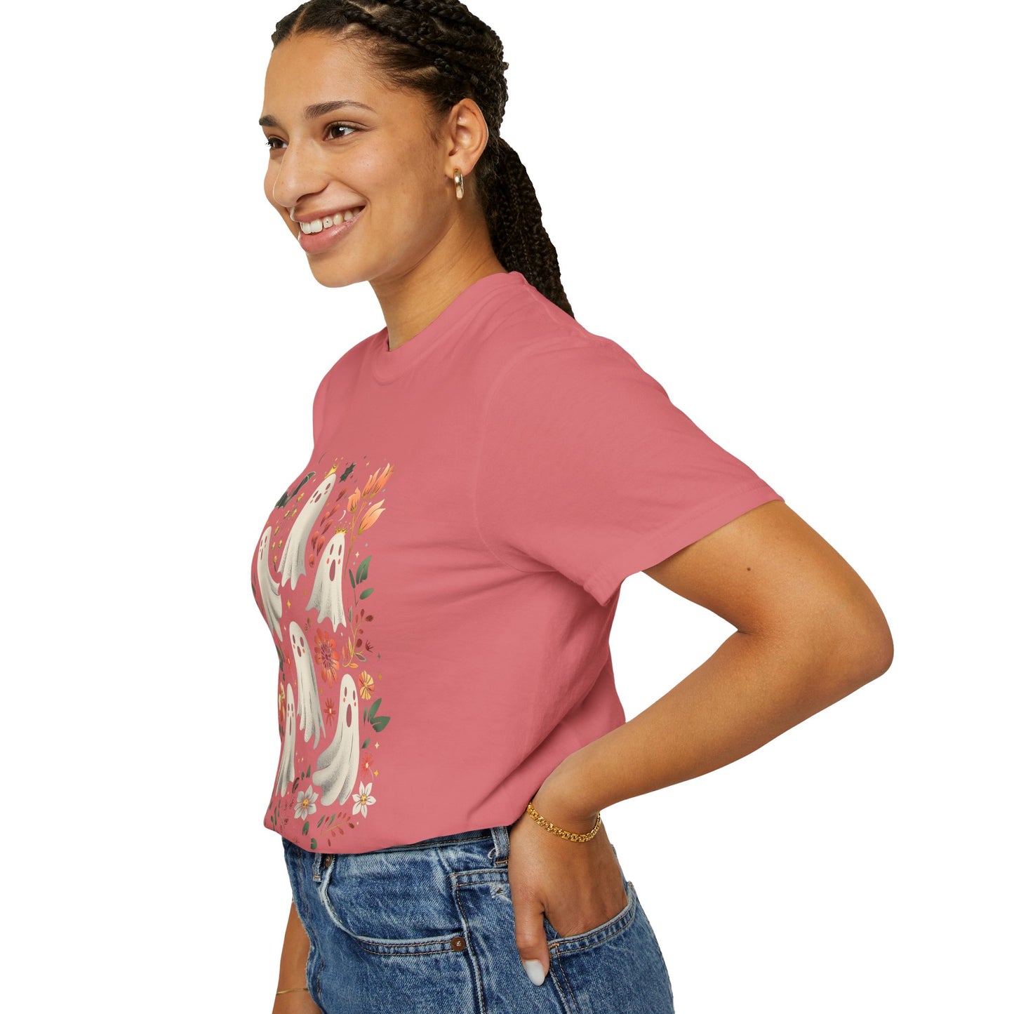 Whimsical Ghost T-Shirt | Halloween Apparel, Unisex Tee, Cute Ghost Design, Floral Graphic Tee, Casual Wear, Spooky Season