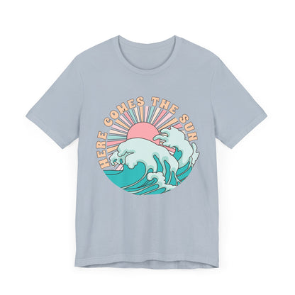 Unisex Beach Vibes Tee | Here Comes the Sun, Summer Shirt, Wave Art Tee, Gift for Ocean Lovers, Relaxed Summer Style