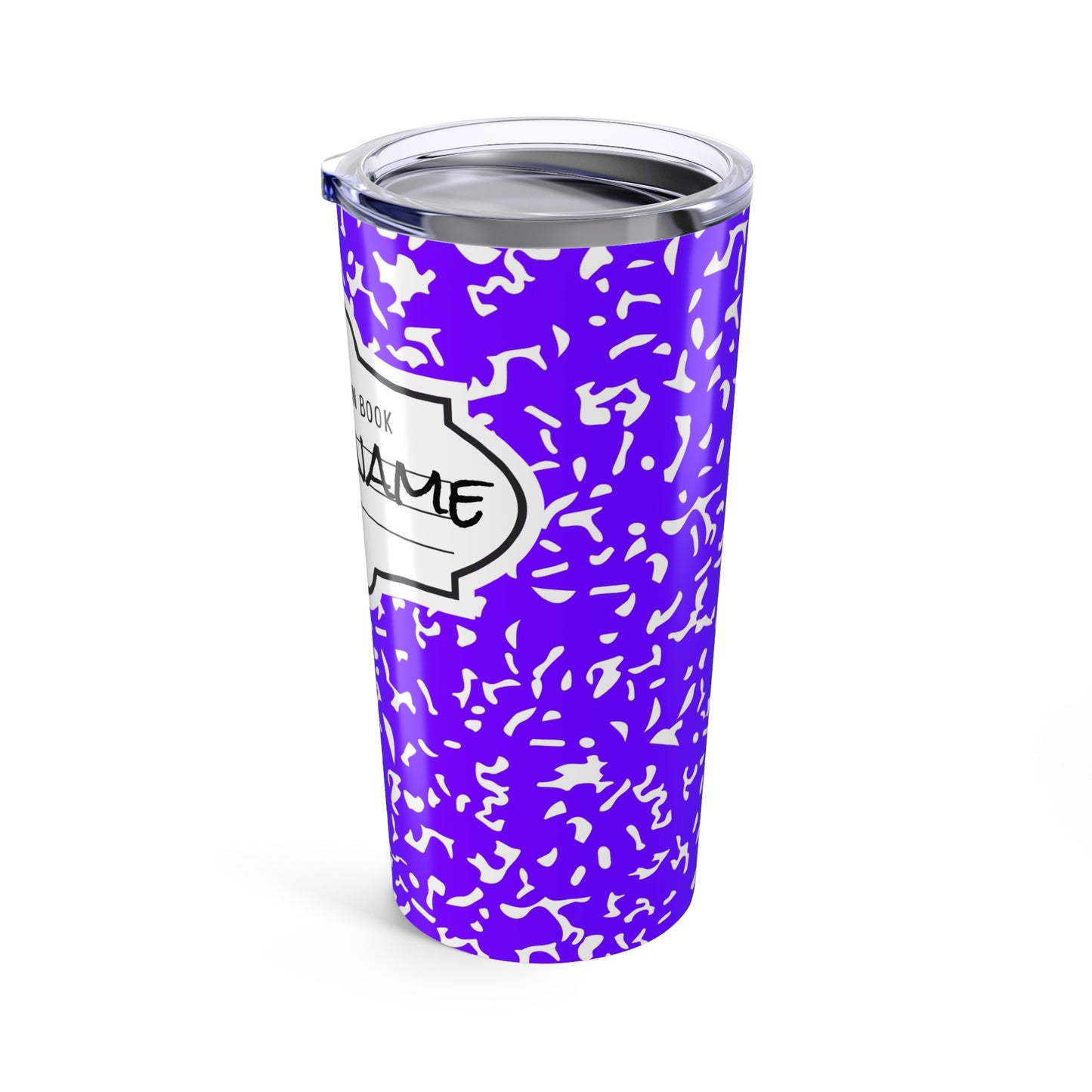 Personalized Composition Book Tumbler, Custom 20oz Travel Mug, Purple and White Insulated Cup, Ideal for Students, Teachers, Graduation Gift