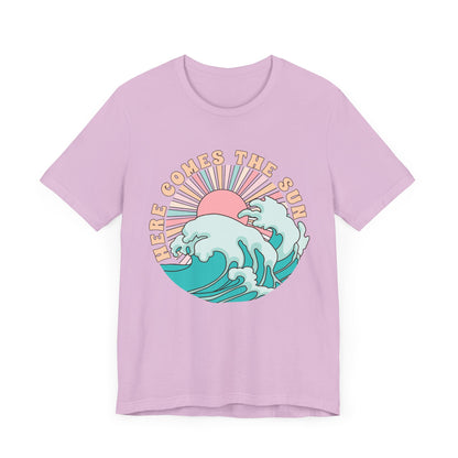 Unisex Beach Vibes Tee | Here Comes the Sun, Summer Shirt, Wave Art Tee, Gift for Ocean Lovers, Relaxed Summer Style