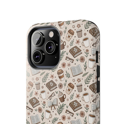 Cozy Books & Brews Tough Phone Cases - Literary Gift, Cute Coffee Pattern, Book Lover Accessory, Unique Phone Cover, Gift for Readers