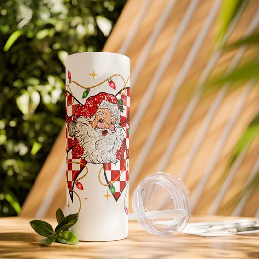 Santa & Checkered Bow Skinny Tumbler, 20 oz - Christmas Holiday Cup, Xmas Drinkware Gift, Festive Travel Mug, Winter Seasonal Beverage
