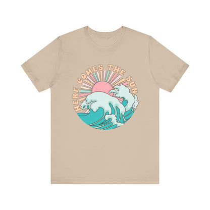 Unisex Beach Vibes Tee | Here Comes the Sun, Summer Shirt, Wave Art Tee, Gift for Ocean Lovers, Relaxed Summer Style