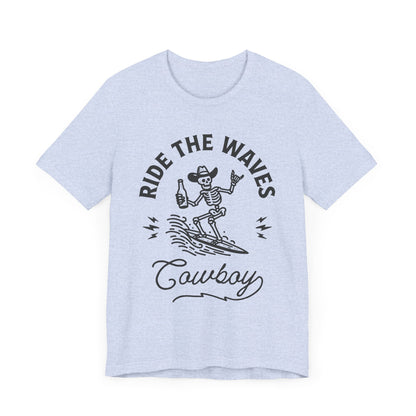 Surfing Skeleton Tee - Ride the Waves Cowboy Shirt, Beachwear, Summer Vibes, Gift for Surfers, Casual T-Shirt