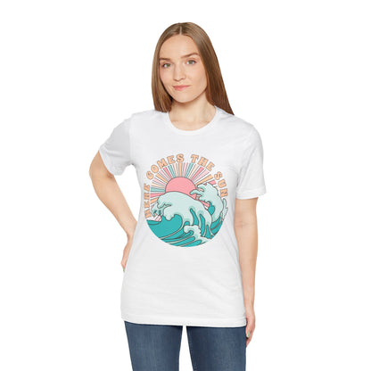 Unisex Beach Vibes Tee | Here Comes the Sun, Summer Shirt, Wave Art Tee, Gift for Ocean Lovers, Relaxed Summer Style