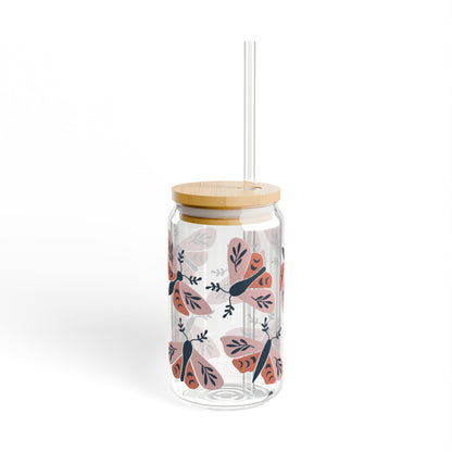 Floral Sipper Glass, 16oz, Eco-Friendly Drinkware, Reusable Beverage Container, Gift for Tea Lovers, Perfect for Summer Parties