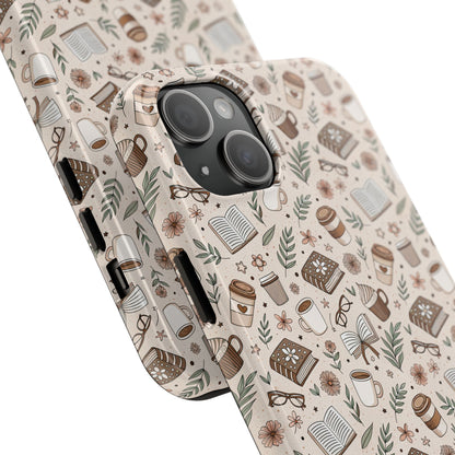 Cozy Books & Brews Tough Phone Cases - Literary Gift, Cute Coffee Pattern, Book Lover Accessory, Unique Phone Cover, Gift for Readers