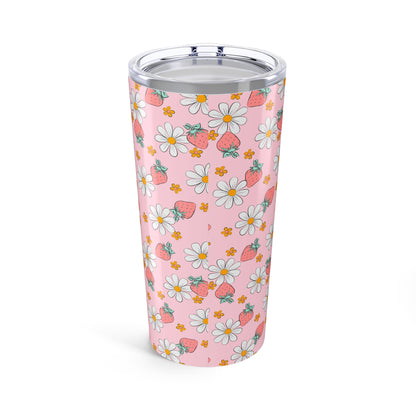 Floral Pattern Tumbler - 20oz Insulated Travel Mug, Pink Strawberry Design, Perfect for Summer Picnics, Gifts for Her, Reusable Drinkware