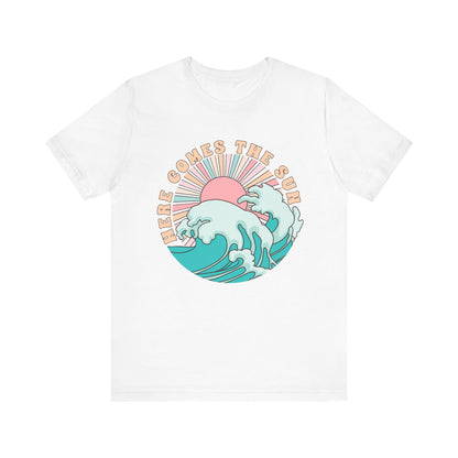 Unisex Beach Vibes Tee | Here Comes the Sun, Summer Shirt, Wave Art Tee, Gift for Ocean Lovers, Relaxed Summer Style