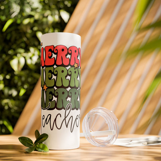Teacher Skinny Tumbler, Shimmer 20oz Cup with Straw, Gift for Teacher, Personalized Custom Insulated Travel Mug, Appreciation Present, End