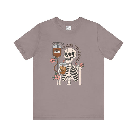 Coffee Lover's Skeleton Tee - Unisex Short Sleeve Shirt, Ideal Gift for Coffee Addicts, Fun Halloween Apparel, Quirky Coffee Shirt