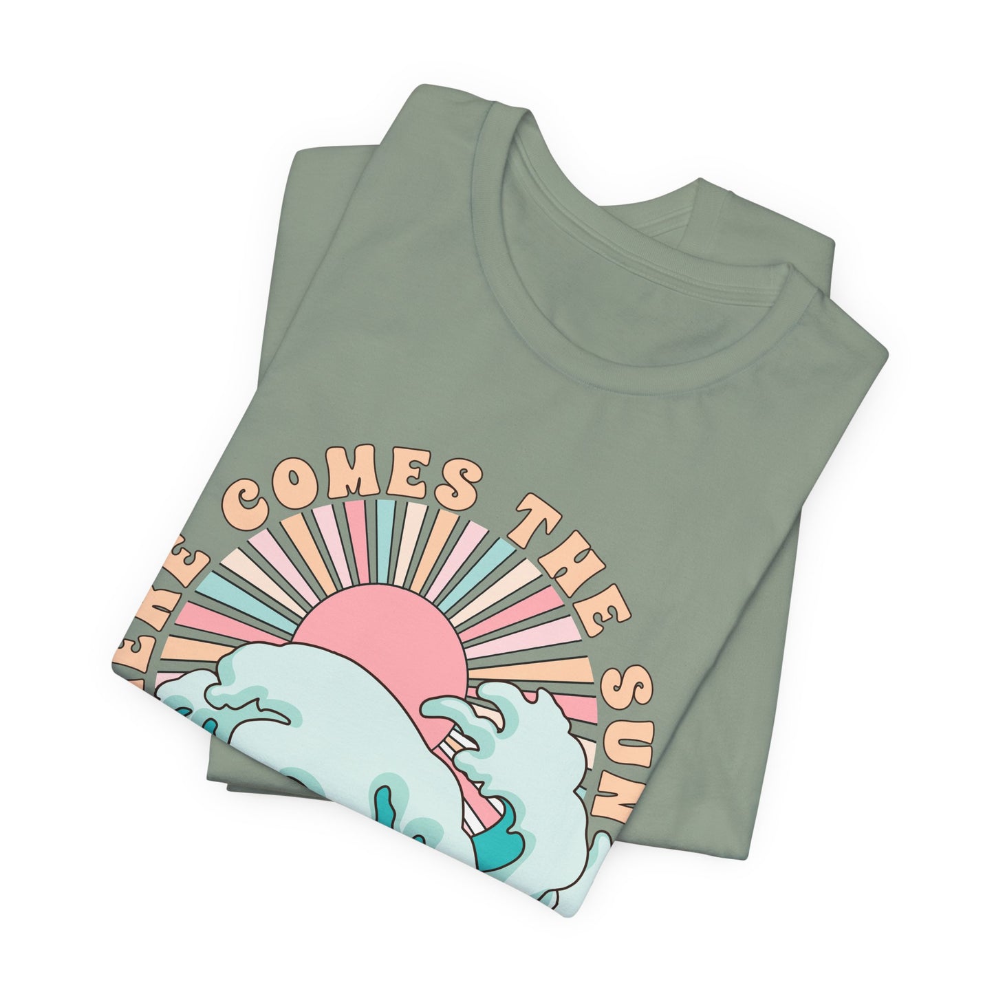 Unisex Beach Vibes Tee | Here Comes the Sun, Summer Shirt, Wave Art Tee, Gift for Ocean Lovers, Relaxed Summer Style