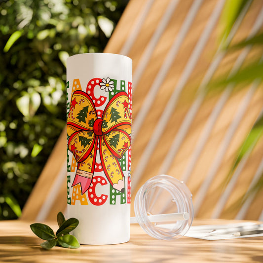 Teacher Skinny Tumbler, Shimmer 20oz Cup with Straw, Gift for Teacher, Personalized Custom Insulated Travel Mug, Appreciation Present, End