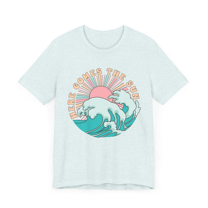 Unisex Beach Vibes Tee | Here Comes the Sun, Summer Shirt, Wave Art Tee, Gift for Ocean Lovers, Relaxed Summer Style
