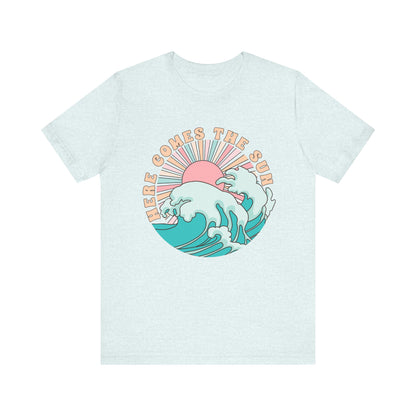 Unisex Beach Vibes Tee | Here Comes the Sun, Summer Shirt, Wave Art Tee, Gift for Ocean Lovers, Relaxed Summer Style