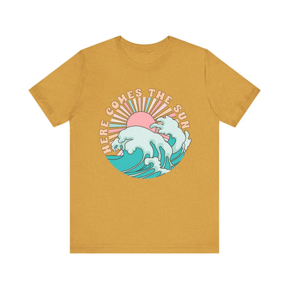 Unisex Beach Vibes Tee | Here Comes the Sun, Summer Shirt, Wave Art Tee, Gift for Ocean Lovers, Relaxed Summer Style
