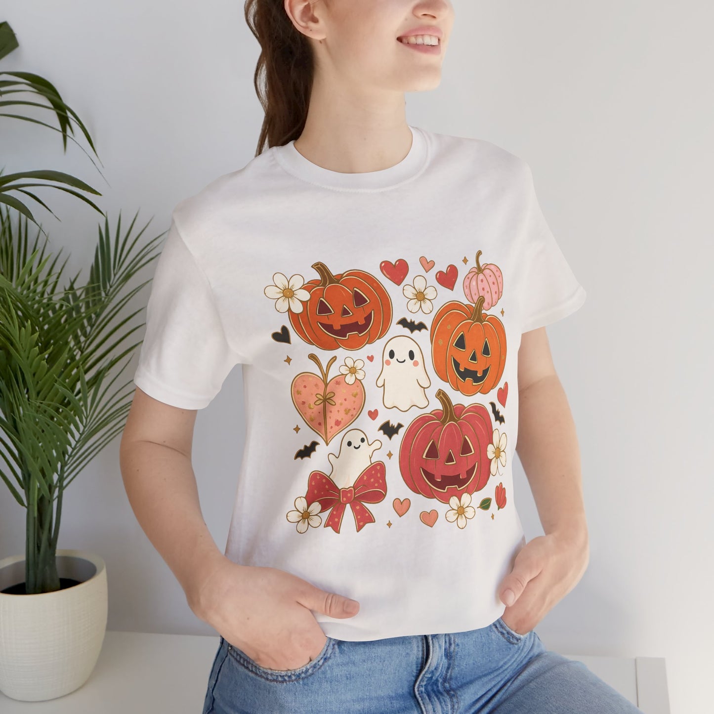 Halloween Ghost & Pumpkin Tee, Perfect for Fall, Halloween Parties, Cozy Autumn Wear, Unisex T-Shirt, Seasonal Gift Idea