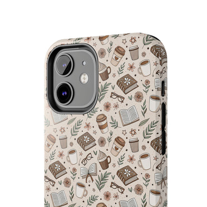 Cozy Books & Brews Tough Phone Cases - Literary Gift, Cute Coffee Pattern, Book Lover Accessory, Unique Phone Cover, Gift for Readers
