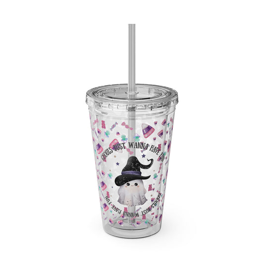 LIMITED STOCK! Halloween Sunsplash Tumbler with Straw, 16oz, Ghouls Just Wanna Have Fun Sunsplash Tumbler with Straw, 16oz
