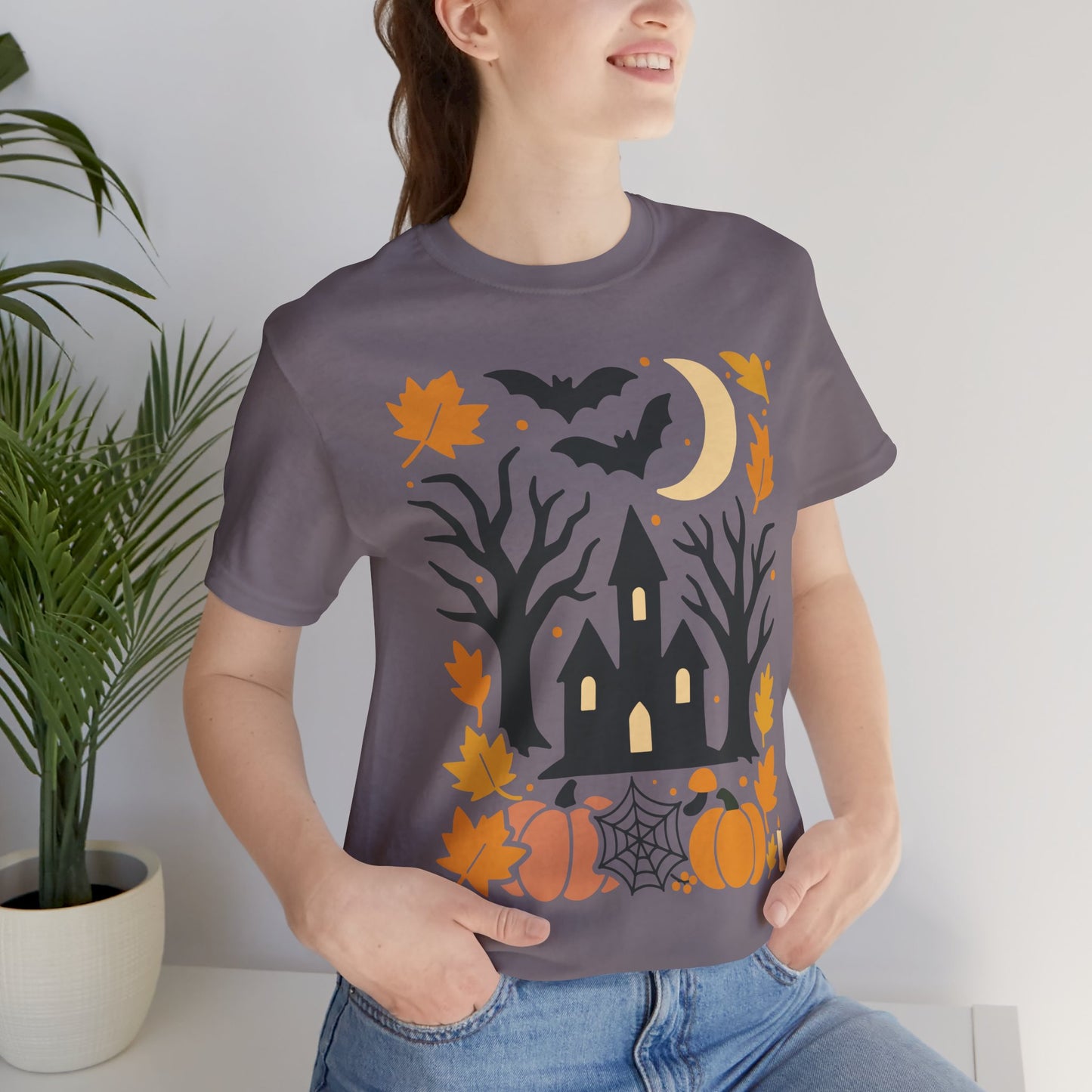 Halloween Haunted House Tee, Spooky Shirt, Fall Apparel, Unisex Halloween Top, Pumpkin & Bat Graphic Tee