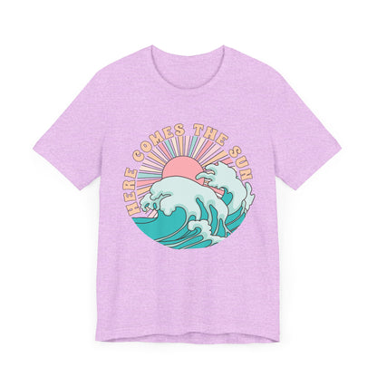 Unisex Beach Vibes Tee | Here Comes the Sun, Summer Shirt, Wave Art Tee, Gift for Ocean Lovers, Relaxed Summer Style