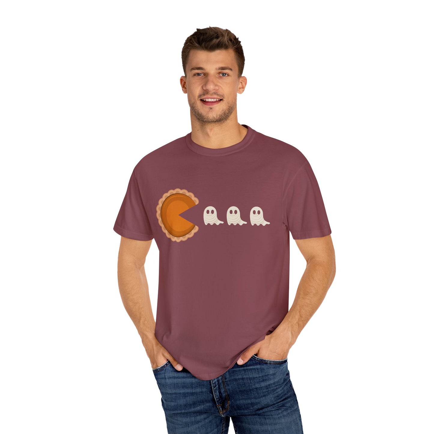 Pac-Man Pumpkin Pie Ghosts Unisex T-Shirt, Halloween Tee, Gamer Shirt, Fun Graphic Top, Gift for Gamers, Casual Wear