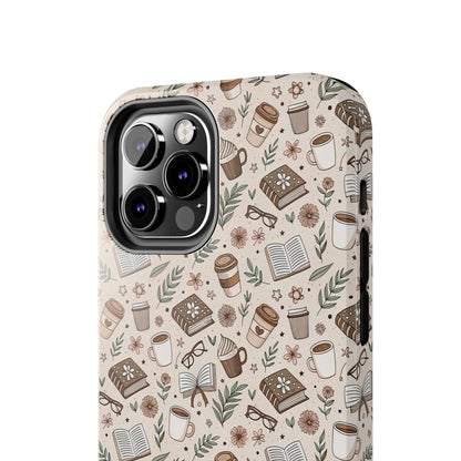 Cozy Books & Brews Tough Phone Cases - Literary Gift, Cute Coffee Pattern, Book Lover Accessory, Unique Phone Cover, Gift for Readers