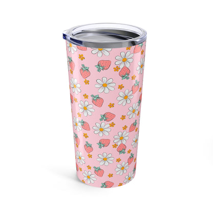 Floral Pattern Tumbler - 20oz Insulated Travel Mug, Pink Strawberry Design, Perfect for Summer Picnics, Gifts for Her, Reusable Drinkware