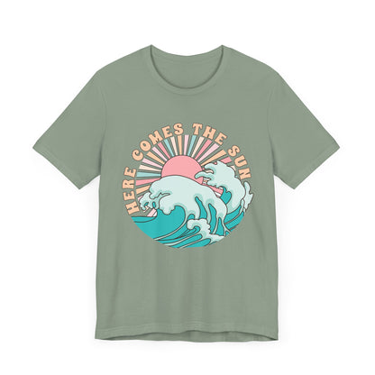 Unisex Beach Vibes Tee | Here Comes the Sun, Summer Shirt, Wave Art Tee, Gift for Ocean Lovers, Relaxed Summer Style