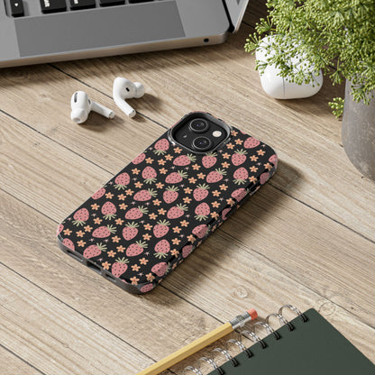Cute Strawberry Pattern Tough Phone Cases, Floral Phone Cover, Protective Case, Gift for Her, Summer Vibes, Cute Accessories
