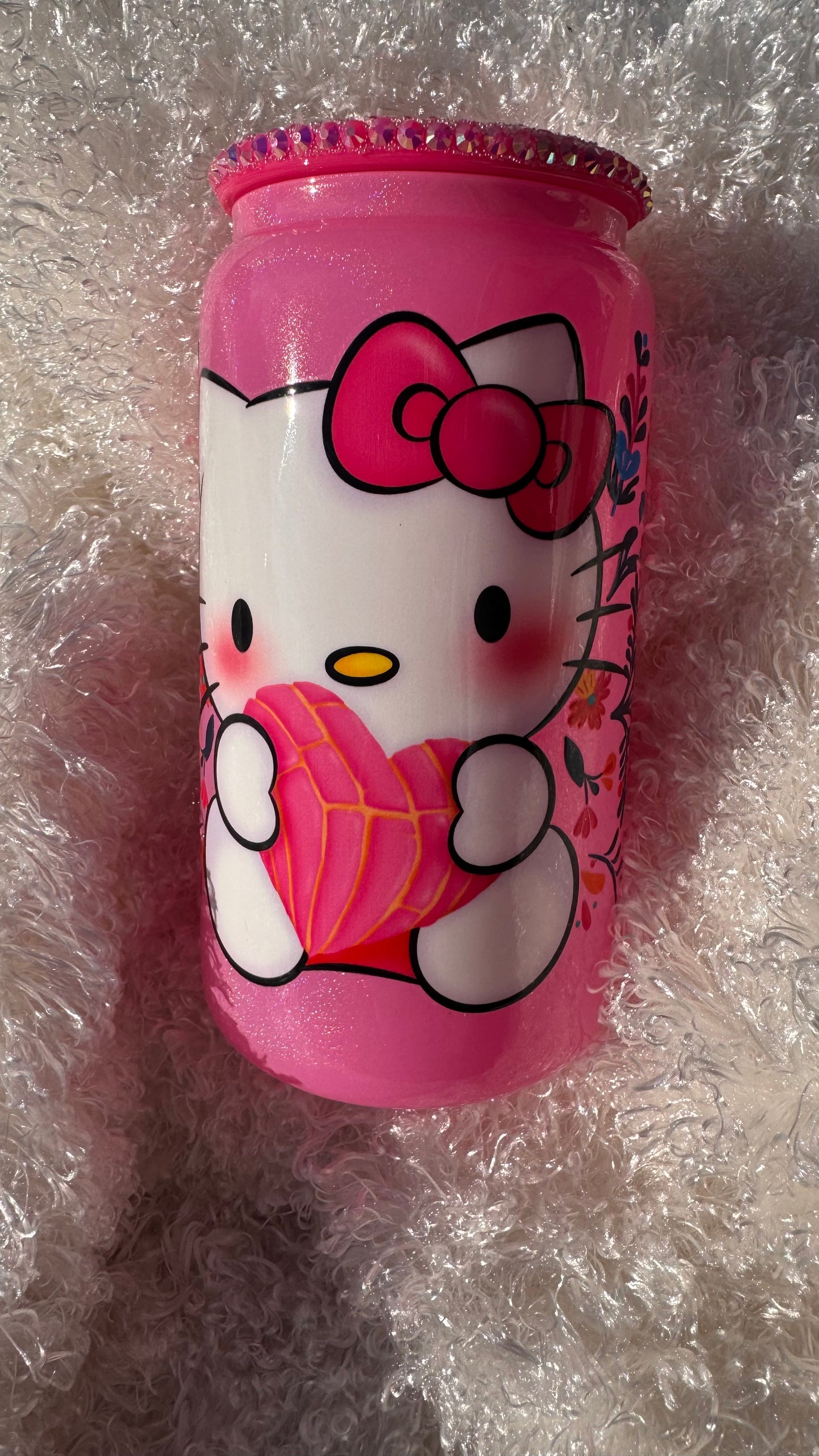 Hello Kitty Tumbler Hot Pink shimmer can cup with jeweled lids,16 oz
