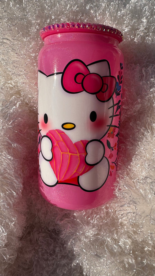 Hello Kitty Tumbler Hot Pink shimmer can cup with jeweled lids,16 oz