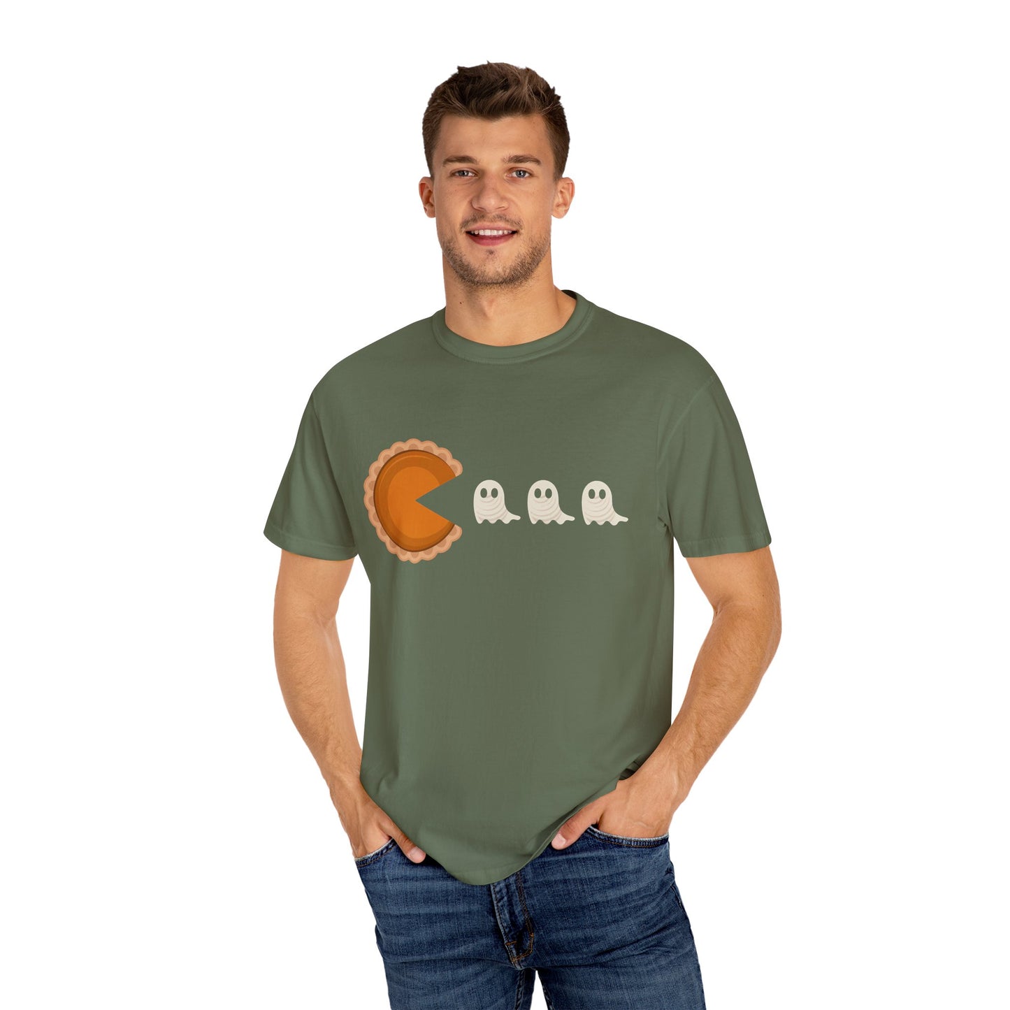 Pac-Man Pumpkin Pie Ghosts Unisex T-Shirt, Halloween Tee, Gamer Shirt, Fun Graphic Top, Gift for Gamers, Casual Wear