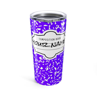 Personalized Composition Book Tumbler, Custom 20oz Travel Mug, Purple and White Insulated Cup, Ideal for Students, Teachers, Graduation Gift
