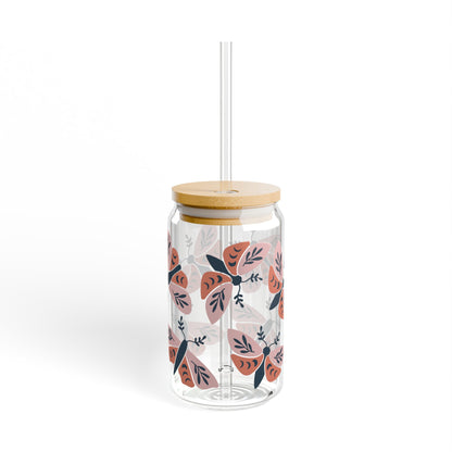 Floral Sipper Glass, 16oz, Eco-Friendly Drinkware, Reusable Beverage Container, Gift for Tea Lovers, Perfect for Summer Parties