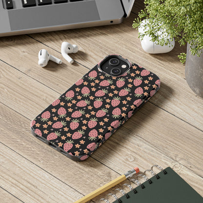 Cute Strawberry Pattern Tough Phone Cases, Floral Phone Cover, Protective Case, Gift for Her, Summer Vibes, Cute Accessories