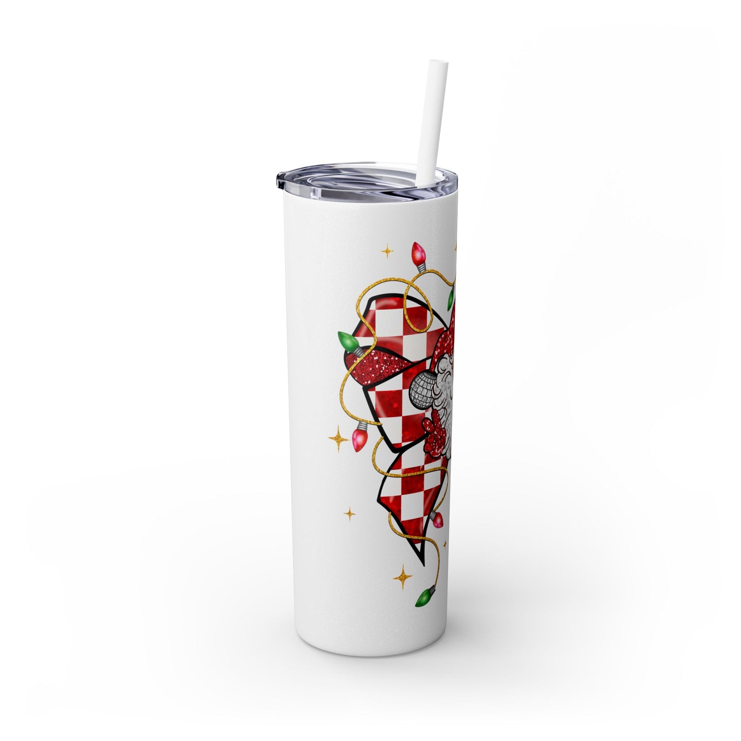 Santa & Checkered Bow Skinny Tumbler, 20 oz - Christmas Holiday Cup, Xmas Drinkware Gift, Festive Travel Mug, Winter Seasonal Beverage