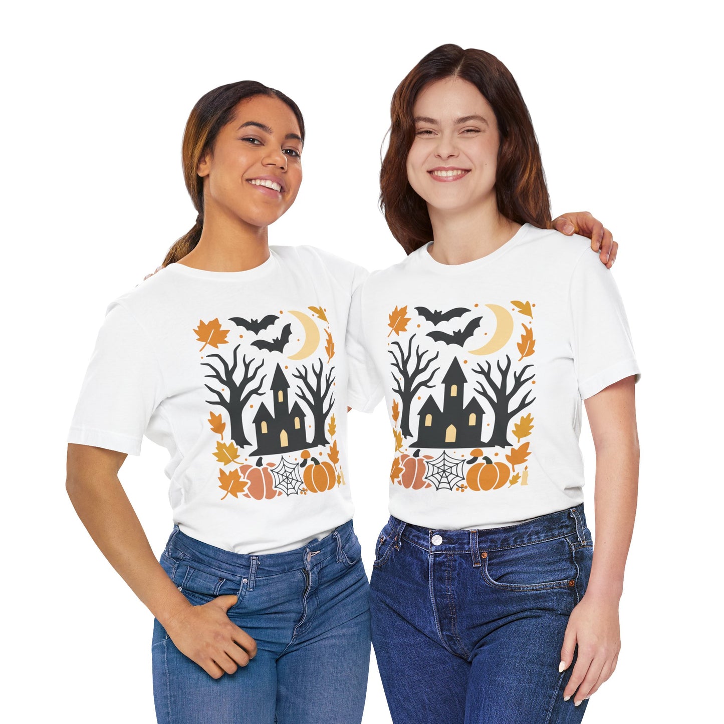 Halloween Haunted House Tee, Spooky Shirt, Fall Apparel, Unisex Halloween Top, Pumpkin & Bat Graphic Tee