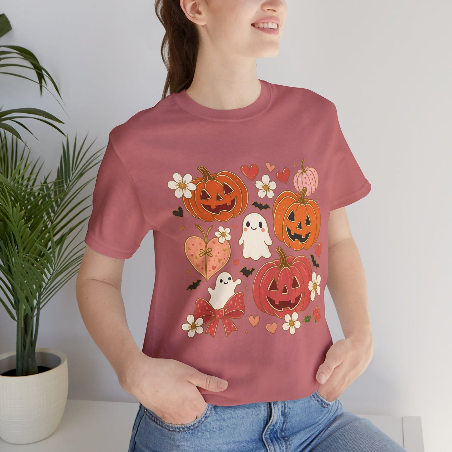 Halloween Ghost & Pumpkin Tee, Perfect for Fall, Halloween Parties, Cozy Autumn Wear, Unisex T-Shirt, Seasonal Gift Idea