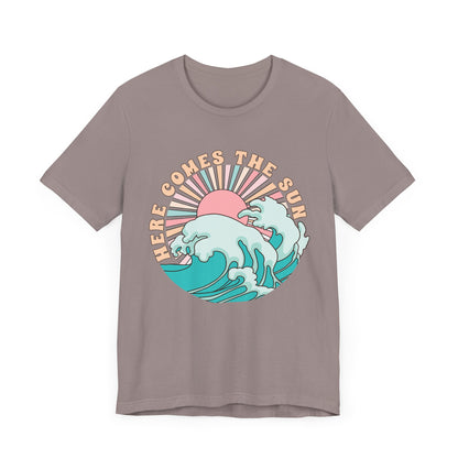Unisex Beach Vibes Tee | Here Comes the Sun, Summer Shirt, Wave Art Tee, Gift for Ocean Lovers, Relaxed Summer Style