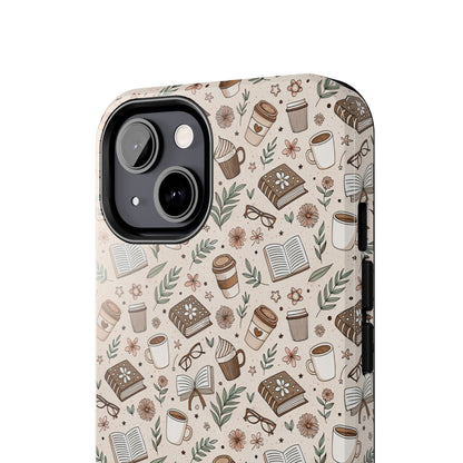 Cozy Books & Brews Tough Phone Cases - Literary Gift, Cute Coffee Pattern, Book Lover Accessory, Unique Phone Cover, Gift for Readers