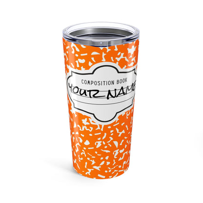 Personalized Composition Book Tumbler, Custom 20oz Travel Mug, Orange and White Insulated Cup, Ideal for Students, Teachers, Graduation Gift