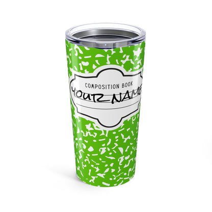 Personalized Composition Book Tumbler, Custom 20oz Travel Mug, Green and White Insulated Cup, Ideal for Students, Teachers, Graduation Gift