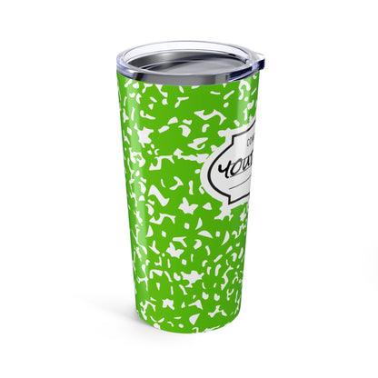 Personalized Composition Book Tumbler, Custom 20oz Travel Mug, Green and White Insulated Cup, Ideal for Students, Teachers, Graduation Gift
